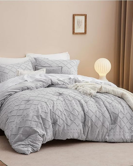 Bedsure Queen Comforter Set - Light Grey Comforter, Boho Tufted Shabby Chic Bedding Comforter Set, 3 Pieces Vintage Farmhouse Bed Set for All Seasons, Fluffy Soft Bedding Set with 2 Pillow Shams - LeafyLoom
