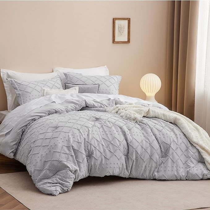 Bedsure Full Size Comforter Set - Light Grey Comforter, Boho Tufted Shabby Chic Bedding Comforter Set, 3 Pieces Farmhouse Bed Set for All Seasons, Fluffy Soft Bedding Set with 2 Pillow Shams - LeafyLoom