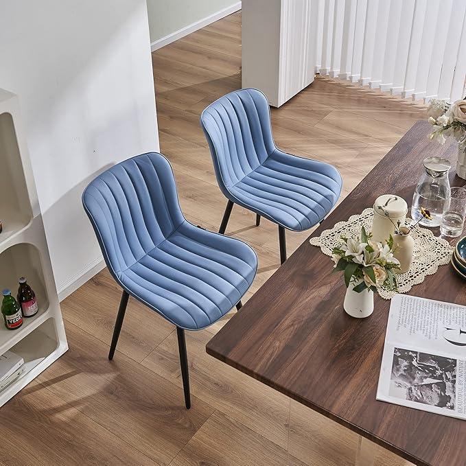 YOUNUOKE Blue Dining Chairs Set of 2 Upholstered Mid Century Modern Kitchen Dinner Chair Armless Faux Leather Guest Waiting Room Side Chair with Padded Backrest Metal Legs for Living Room Bedroom - LeafyLoom