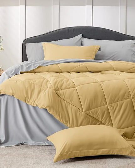 Bedsure Yellow Queen Comforter Set - 7 Pieces Reversible Queen Bed in a Bag Queen Bed Set with Comforters, Sheets, Pillowcases & Shams, Queen Bedding Sets - LeafyLoom