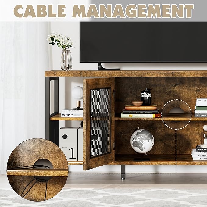 TV Stands for Living Room, Industrial TV Stand for Bedroom Furniture, Farmhouse TV Stand 65 Inch Television Stand with Back Panel, Modern Horizontal Wood and Metal Open Bookshelf, Rustic Brown - LeafyLoom