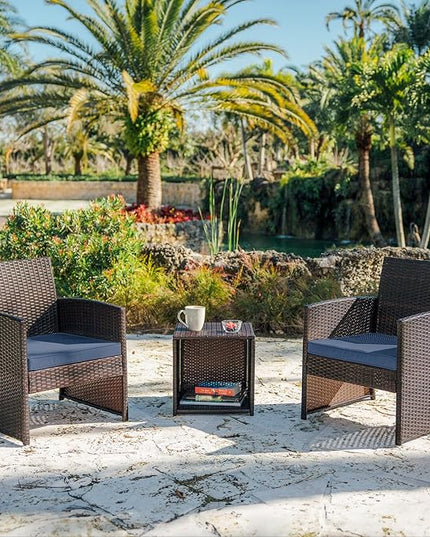 Nestl Wicker Outdoor Furniture Set - 3 Piece Patio Bistro Set (Brown/Navy) - LeafyLoom