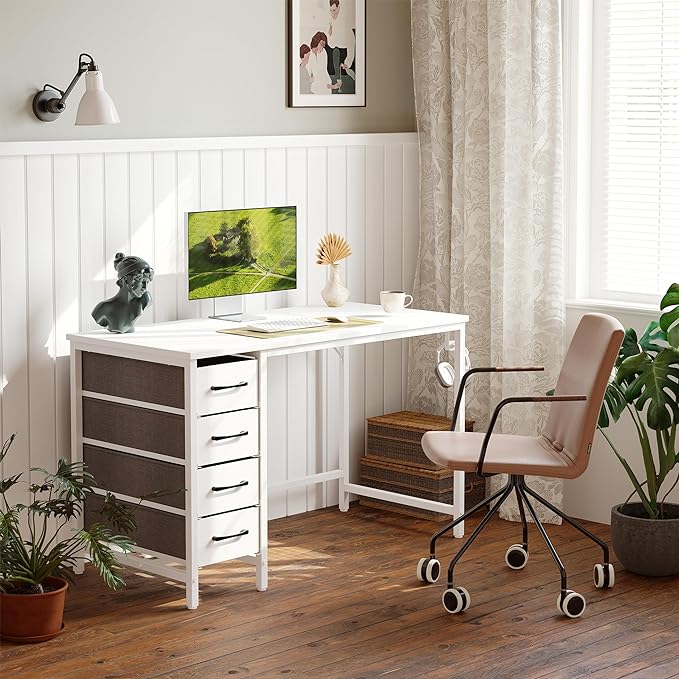 CubiCubi 47 Inch Computer Desk with 4 Drawers, Home Office Desk with Storage, Modern Study Writing Desk, White - LeafyLoom