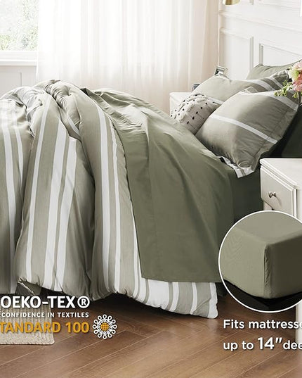 Bedsure California King Comforter Set 7 Pieces, Olive Green White Striped Bedding Comforter Sets All Season Bed Set, 2 Pillow Shams, Flat Sheet, Fitted Sheet and 2 Pillowcases - LeafyLoom