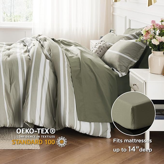 Bedsure Bed in a Bag King 7 Pieces, Olive Green White Striped Bedding Comforter Sets All Season Bed Set, 2 Pillow Shams, Flat Sheet, Fitted Sheet and 2 Pillowcases - LeafyLoom