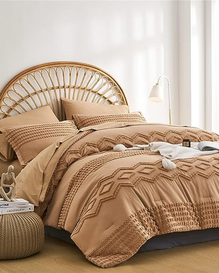 KAKIJUMN Khaki Tufted Comforter Set King Size 7 Piece Bed in a Bag, Shabby Chic Boho Comforter and Sheet Set, Pom Pom Textured Bed Set, All Season Soft Microfiber Complete Bedding Set(Khaki,King) - LeafyLoom