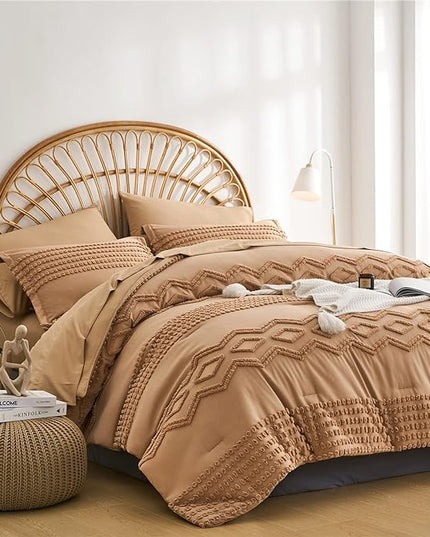 KAKIJUMN Khaki Tufted Comforter Set Full Size 7 Piece Bed in a Bag, Shabby Chic Boho Comforter and Sheet Set, Pom Pom Textured Bed Set, All Season Soft Microfiber Complete Bedding Set(Khaki,Full) - LeafyLoom