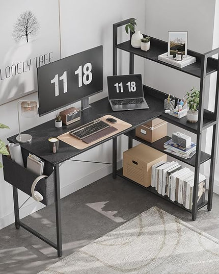 Treesland 47 Inch Computer Desk with Bookshelf, Corner Desk with Storage, L Shaped Desk, Home Office Desks, Writing Study Desk for Bedroom, Black - LeafyLoom