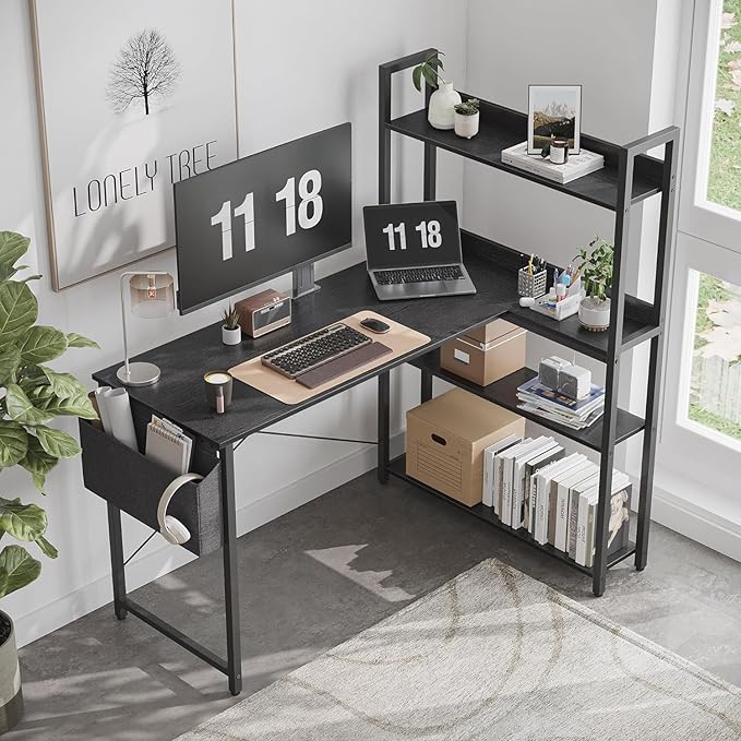 Treesland 47 Inch Computer Desk with Bookshelf, Corner Desk with Storage, L Shaped Desk, Home Office Desks, Writing Study Desk for Bedroom, Black - LeafyLoom