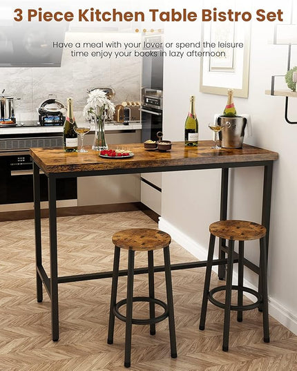 Recaceik 3 Piece Pub Dining Set, Modern bar Table and Stools for 2 Kitchen Counter Height Wood Top Bistro Easy Assemble for Breakfast Nook Living Room Small Space Restaurant, Rustic Brown 39” - LeafyLoom