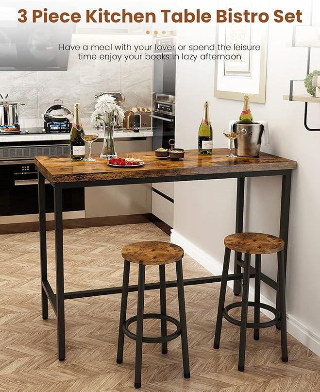 Recaceik 3 Piece Pub Dining Set, Modern bar Table and Stools for 2 Kitchen Counter Height Wood Top Bistro Easy Assemble for Breakfast Nook Living Room Small Space Restaurant, Rustic Brown 39” - LeafyLoom