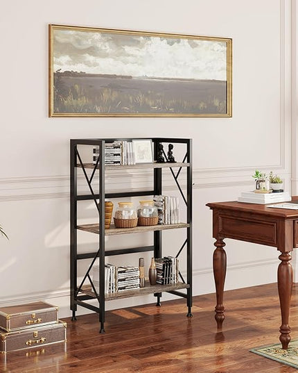 Folding Bookshelf 3 Tier No Assembly Bookcase Industrial Storage Shelves Plant Flower Stand Storage Rack for Home Office Oak - LeafyLoom