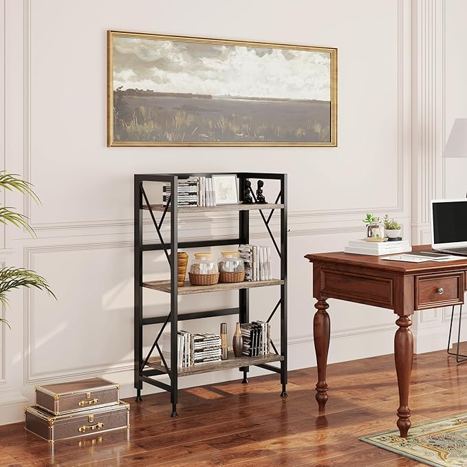 Folding Bookshelf 3 Tier No Assembly Bookcase Industrial Storage Shelves Plant Flower Stand Storage Rack for Home Office Oak - LeafyLoom