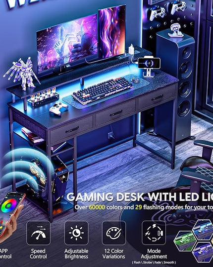 Computer Desk with Drawers and Storage Shelves, Home Office Desk with LED Lights & Power Outlets, Gaming Desk with Monitor Stand, Writing Study Desk, Kids Small Desk for Bedroom, Black - LeafyLoom