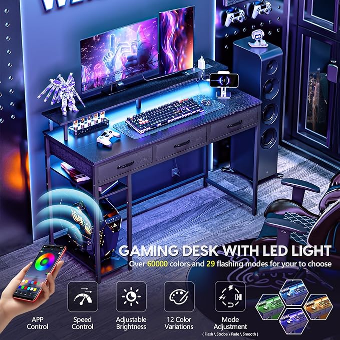 Computer Desk with Drawers and Storage Shelves, Home Office Desk with LED Lights & Power Outlets, Gaming Desk with Monitor Stand, Writing Study Desk, Kids Small Desk for Bedroom, Black - LeafyLoom