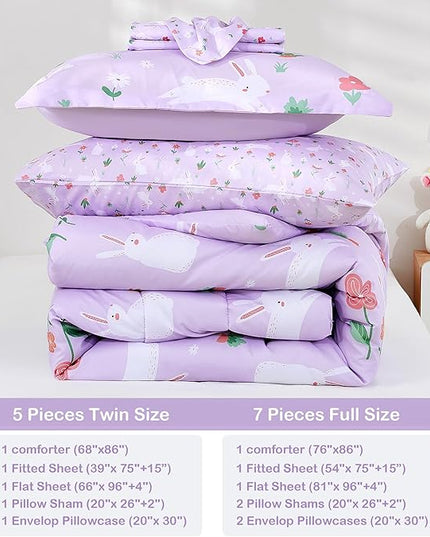 Mooreeke Bed in a Bag for Kids Girls Teens, 5 Pieces Twin Size Comforter Bed Set with Shams, Sheet Set, Rabbit Purple Super Soft Microfiber Kids Comforter Bedding Set - LeafyLoom