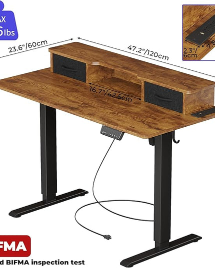 JOISCOPE 48 Inch Electric Standing Adjustable Height Desk with Double Drawer, Home Office Computer Gaming Desk with Storage Shelf and Power Outlets, Sit Stand Desk, Vintage Oak - LeafyLoom