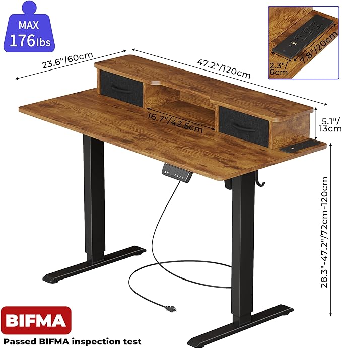 JOISCOPE 48 Inch Electric Standing Adjustable Height Desk with Double Drawer, Home Office Computer Gaming Desk with Storage Shelf and Power Outlets, Sit Stand Desk, Vintage Oak - LeafyLoom