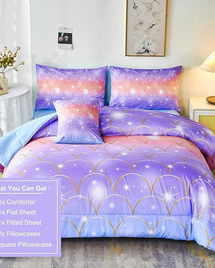 PERFEMET Mermaid Scales Queen Comforter Set 6 Pieces Purple Orange Comforter for Queen Size Bed Teen Girls Glitter Bedding Set Rainbow Tie Dye Bed in A Bag - LeafyLoom