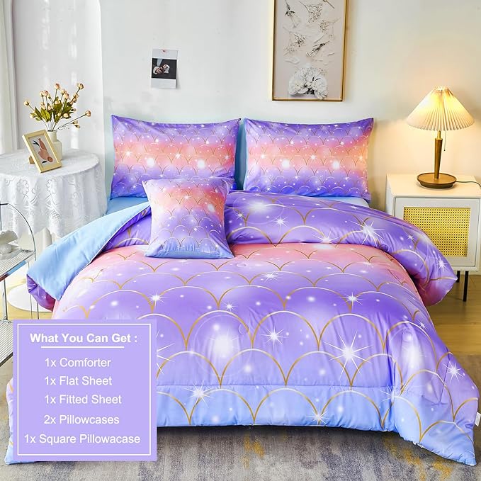 PERFEMET Mermaid Scales Queen Comforter Set 6 Pieces Purple Orange Comforter for Queen Size Bed Teen Girls Glitter Bedding Set Rainbow Tie Dye Bed in A Bag - LeafyLoom