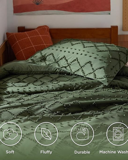 Bedsure Twin/Twin XL Comforter Set - Olive Green Boho Twin Extra Long Comforter Set for College, Shabby Chic Dorm Bedding Set, 2 Pieces Modern Farmhouse Bed Set, includes 1 Pillow Sham - LeafyLoom