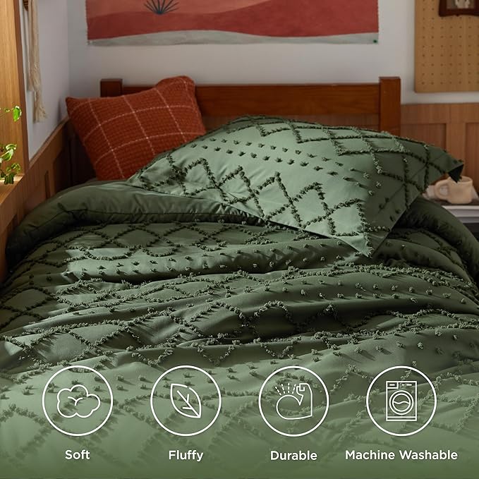 Bedsure Twin/Twin XL Comforter Set - Olive Green Boho Twin Extra Long Comforter Set for College, Shabby Chic Dorm Bedding Set, 2 Pieces Modern Farmhouse Bed Set, includes 1 Pillow Sham - LeafyLoom