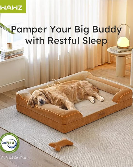 Jumbo Orthopedic Dog Bed for Extra Large Dogs With Cooling Gel Memory Foam, Waterproof, Removable Washable Cover, 45" Sofa Couch, Dutch Velvet With Bone Toy, Brown LeafyLoom