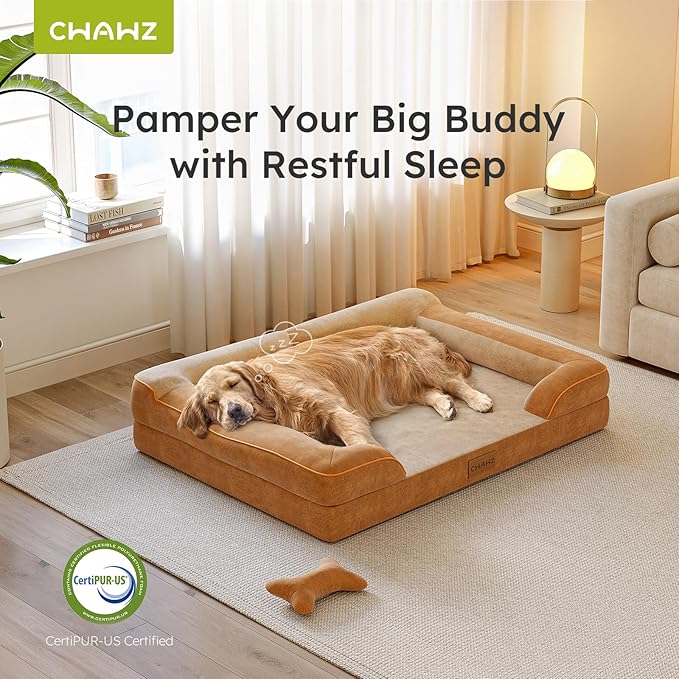 Jumbo Orthopedic Dog Bed for Extra Large Dogs With Cooling Gel Memory Foam, Waterproof, Removable Washable Cover, 45" Sofa Couch, Dutch Velvet With Bone Toy, Brown LeafyLoom