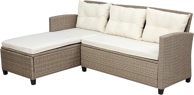 4-Piece Outdoor Rattan Sofa Sets, Patio Furniture Conversation Sectional Couch with Chaise Lounge, Single Sofachair, Seat Cushions and Glass Table, for Garden Backyard Deck, Onesize, Beige - LeafyLoom