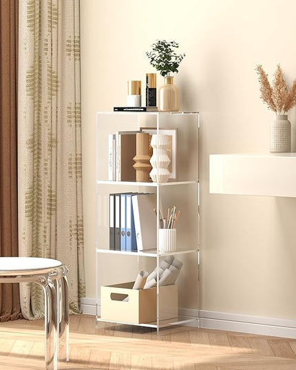 Acrylic Bookcase, 3 Tier Clear Floor Standing Bookshelf, 31.5 inch Tall Display Cube Storage Shelf Home Decor Furniture for Home, Office, Living Room, Bedroom - LeafyLoom