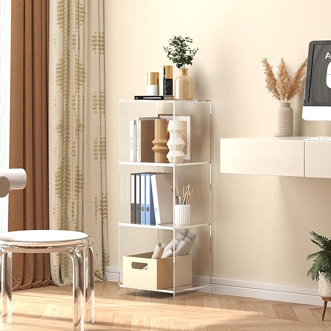 Acrylic Bookcase, 3 Tier Clear Floor Standing Bookshelf, 31.5 inch Tall Display Cube Storage Shelf Home Decor Furniture for Home, Office, Living Room, Bedroom - LeafyLoom