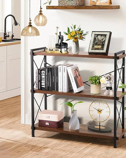 Industrial Bookshelf,Rustic Open Shelf Bookcase,3 Tier Book Shelf for Bedroom Office Living Room,Small Bookshelf for Small Spaces with Metal Frame - LeafyLoom