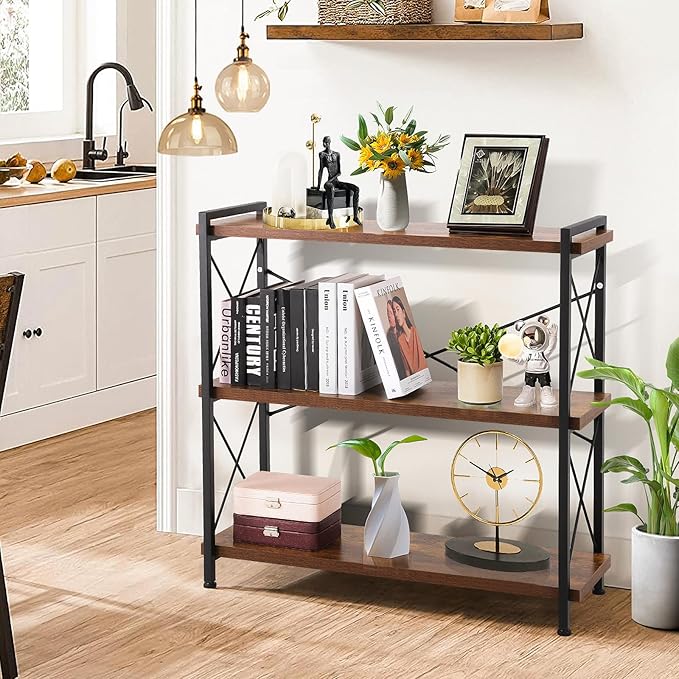 Industrial Bookshelf,Rustic Open Shelf Bookcase,3 Tier Book Shelf for Bedroom Office Living Room,Small Bookshelf for Small Spaces with Metal Frame - LeafyLoom