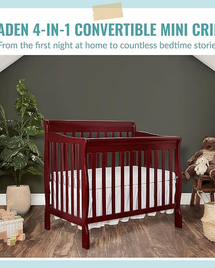 Aden 4-in-1 Convertible Mini Crib In Cherry, Greenguard Gold Certified, Non-Toxic Finish, New Zealand Pinewood, With 3 Mattress Height Settings - LeafyLoom