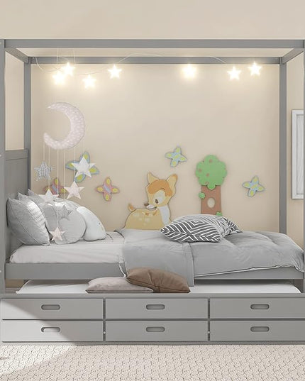 Queen Size Canopy Platform Bed with Twin Trundle and Three Storage Drawers, Wooden Daybed Frame Beds for Kids Teens Boys Girls,Gray - LeafyLoom