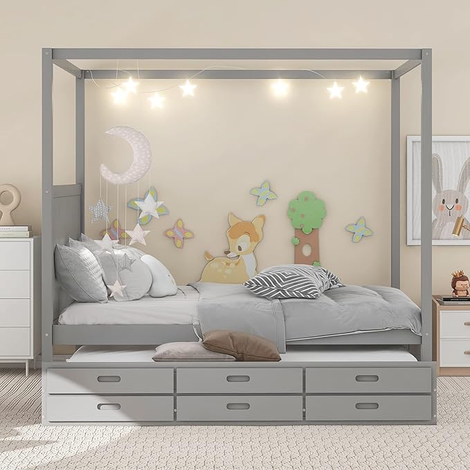 Queen Size Canopy Platform Bed with Twin Trundle and Three Storage Drawers, Wooden Daybed Frame Beds for Kids Teens Boys Girls,Gray - LeafyLoom