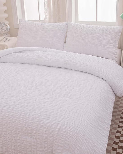 Seersucker Light White Bed Comforter Sets Queen Size for Women Boho White Seersucker Bedding Set 5 Pieces-Microfiber Lightweight Soft Bed Set for All Season,Queen - LeafyLoom