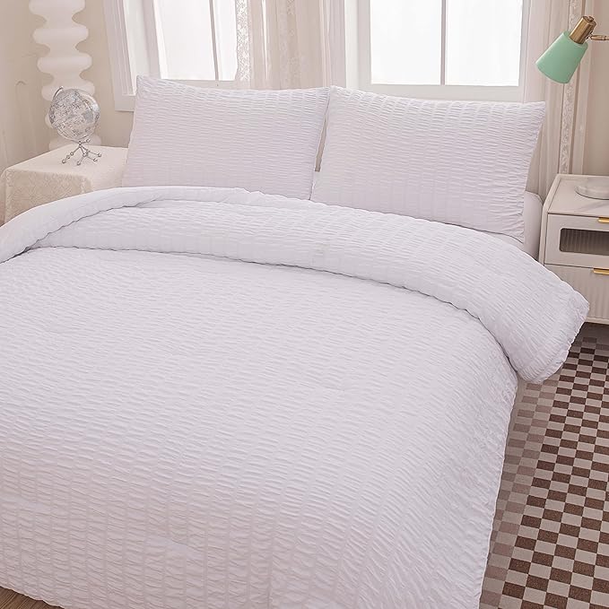 Seersucker Light White Bed Comforter Sets Queen Size for Women Boho White Seersucker Bedding Set 5 Pieces-Microfiber Lightweight Soft Bed Set for All Season,Queen - LeafyLoom