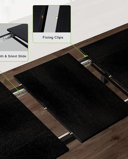 Feonase 5-Piece Dining Table Set for 4-8 People, 63" Large Extendable Kitchen Table Set with 2 Benches and 2 Square Stools, Dining Room Table with MDF Wood Board, Easy Assembly, Black - LeafyLoom
