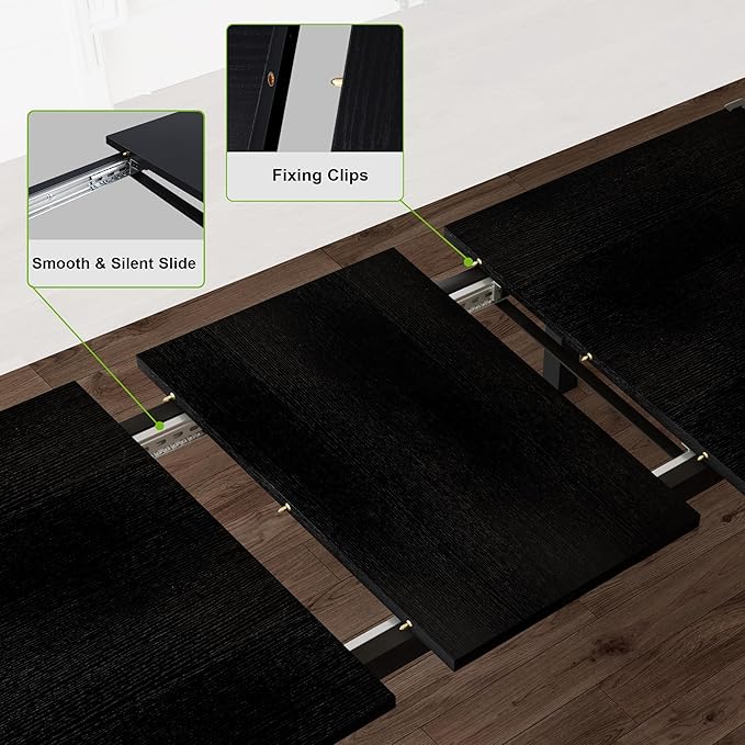 Feonase 5-Piece Dining Table Set for 4-8 People, 63" Large Extendable Kitchen Table Set with 2 Benches and 2 Square Stools, Dining Room Table with MDF Wood Board, Easy Assembly, Black - LeafyLoom
