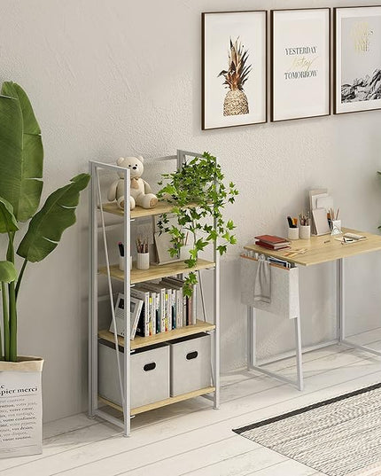 4NM No-Assembly Folding Bookshelf Storage Shelves 4 Tiers Vintage Bookcase Standing Racks Study Organizer Home Office (Natural and White) - LeafyLoom