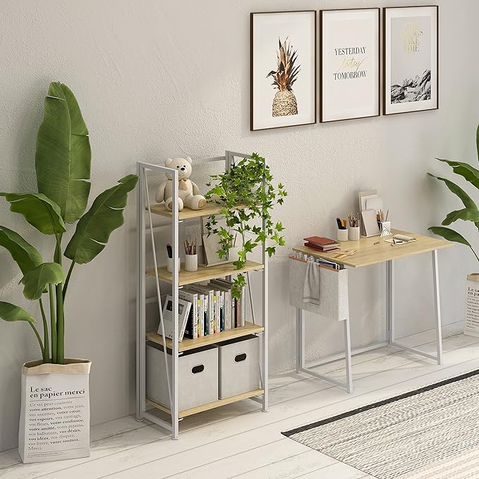 4NM No-Assembly Folding Bookshelf Storage Shelves 4 Tiers Vintage Bookcase Standing Racks Study Organizer Home Office (Natural and White) - LeafyLoom