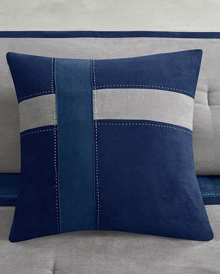 Madison Park Palisades Comforter Set Modern Faux Suede Pieced Stripe Design, All Season Down Alternative Cozy Bedding with Matching Shams, Decorative Pillows, Cal King(104"x92"), Blue 7 Piece - LeafyLoom