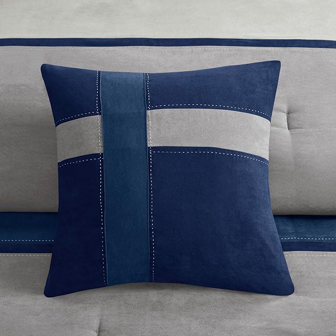 Madison Park Palisades Comforter Set Modern Faux Suede Pieced Stripe Design, All Season Down Alternative Cozy Bedding with Matching Shams, Decorative Pillows, King(104"x92"), Blue 7 Piece - LeafyLoom