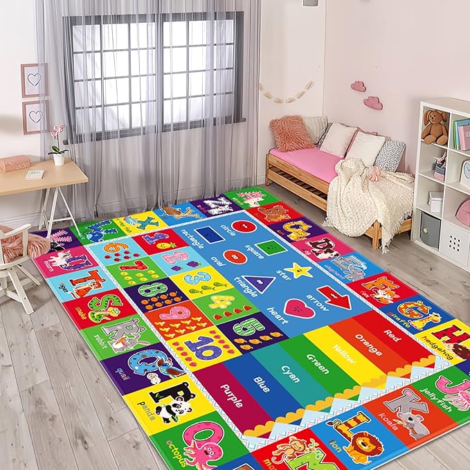 Baby Play Mat Kids Rug for Playroom, Floor Mat for Toddlers, Playtime Collection ABC, Numbers, Animals Educational Area Rugs for Kids Room Classroom ( 78.7X 59 Inch) - LeafyLoom