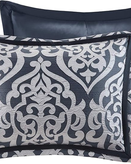 Madison Park Odette Cozy Comforter Set Jacquard Damask Medallion Design - Modern All Season, Down Alternative Bedding, Shams, Decorative Pillows, King(104 in x 92 in), Navy 8 Piece - LeafyLoom