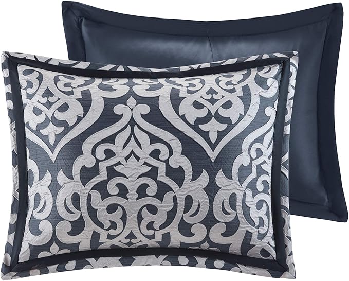 Madison Park Odette Cozy Comforter Set Jacquard Damask Medallion Design - Modern All Season, Down Alternative Bedding, Shams, Decorative Pillows, Cal King(104 in x 92 in), Navy 8 Piece - LeafyLoom