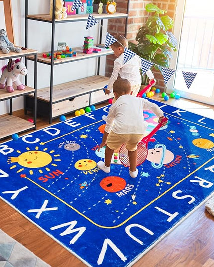 Outer Space Kids Rug,59"X39.4" ABC Alphabet Educational Kids Rugs for Playroom,Non Slip Solar System Galaxy Planets Playroom Rug,Washable Kids Area Rug Carpet for Classroom Bedroom Kids Room Decor - LeafyLoom