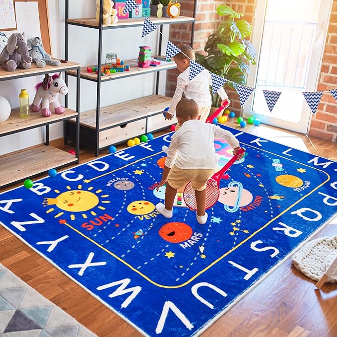 Outer Space Kids Rug,59"X39.4" ABC Alphabet Educational Kids Rugs for Playroom,Non Slip Solar System Galaxy Planets Playroom Rug,Washable Kids Area Rug Carpet for Classroom Bedroom Kids Room Decor - LeafyLoom