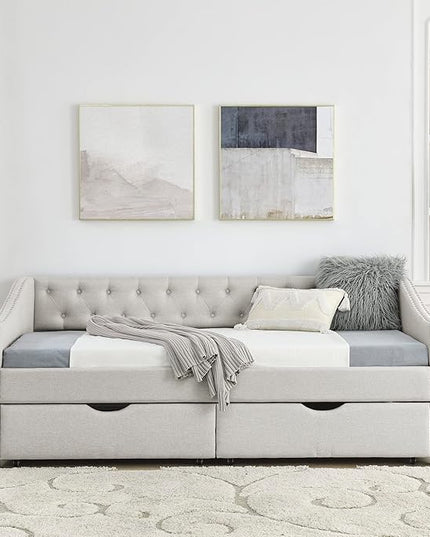 Twin Size Daybed with 2 Storage Drawers,Linen Upholstered Sofa Bed W/Button on Back & Copper Nail on Waved Shape Armrests,No Spring Box Need,Wood Bedframe for Living Room Bedroom Dorm,Beige - LeafyLoom